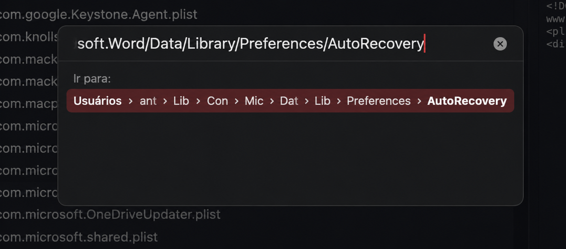 Digite o caminho da pasta AutoRecovery e pressione Enter.