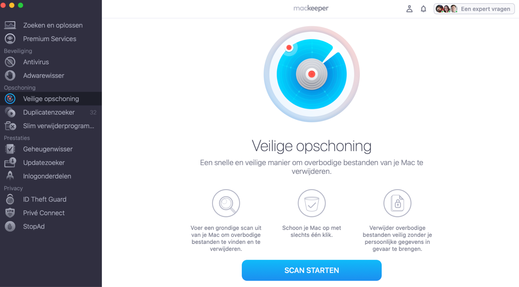 Om  overbodige bestanden te verwijderen en je Mac sneller te maken, gebruik je MacKeeper Veilige opschoning. Start MacKeeper, ga naar Veilige opschoning en klik op ‘Scan starten’.