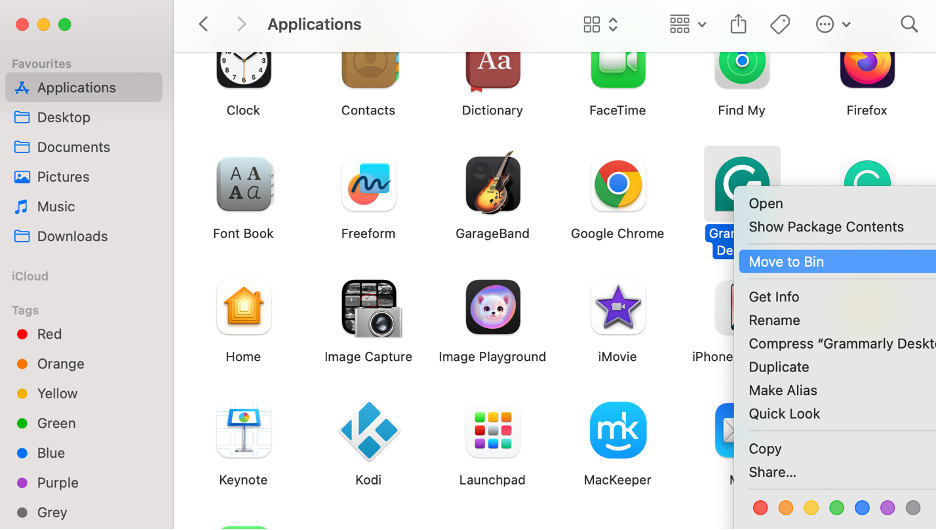 To get rid of the Grammarly app on your Mac, right-click it in Finder and select Move to Trash.