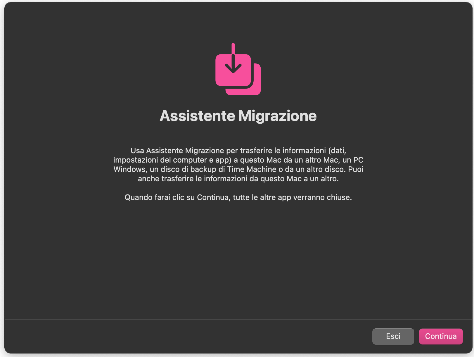 Per iniziare il ripristino da Time Machine sul tuo Mac, apri l’app Assistente Migrazione. Qui puoi toccare Continua: verrai disconnesso dal tuo account e tutte le app verranno chiuse.