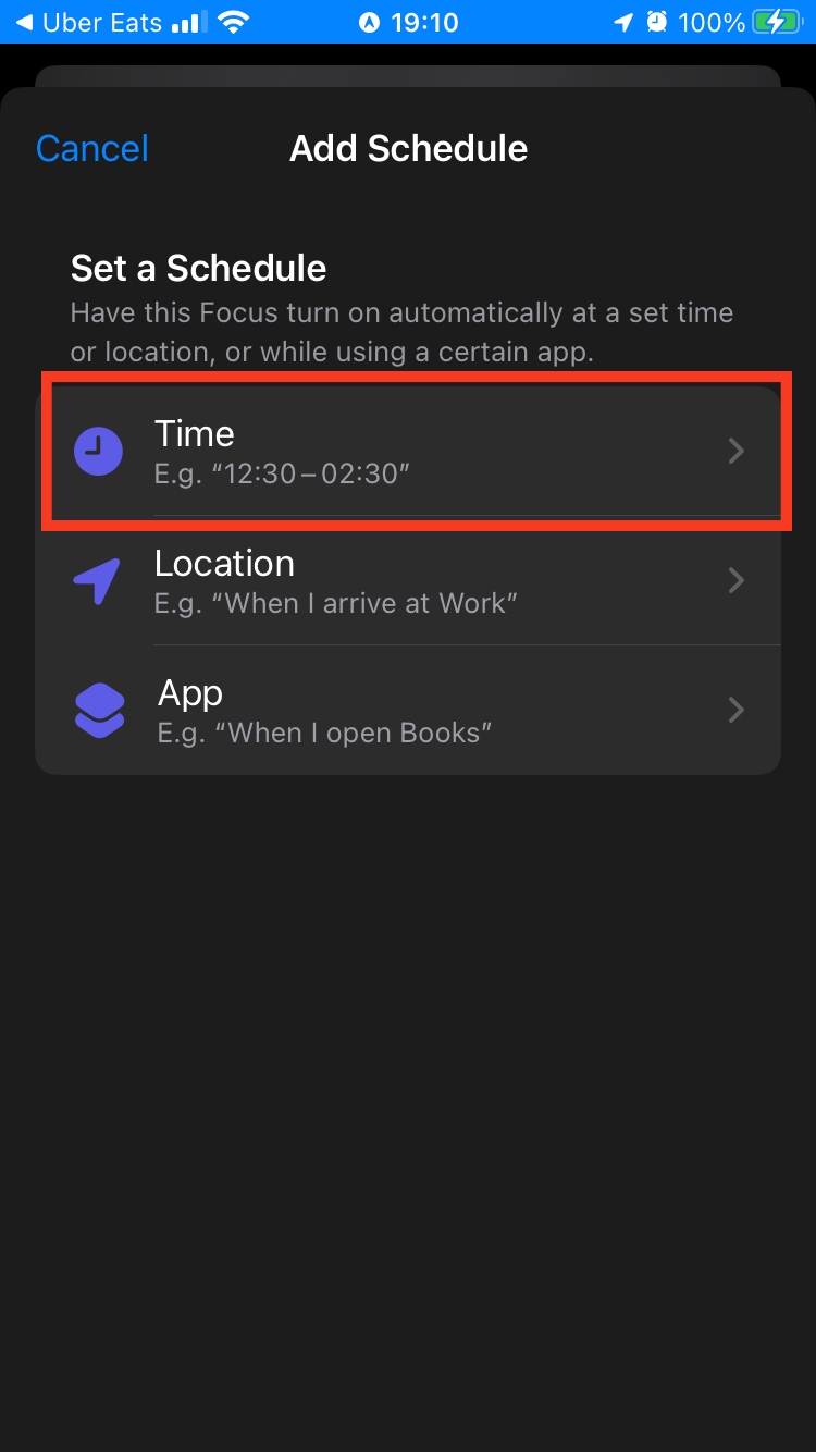 iPhone users can schedule notifications for their new focus modes. Tap Time to use schedule notifications on your phone.