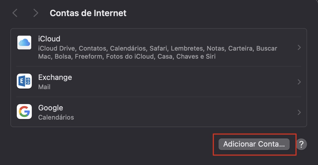 Para adicionar a nova conta manualmente, abra o app Mail, selecione Mail > Ajustes > Contas > Adicionar Conta.