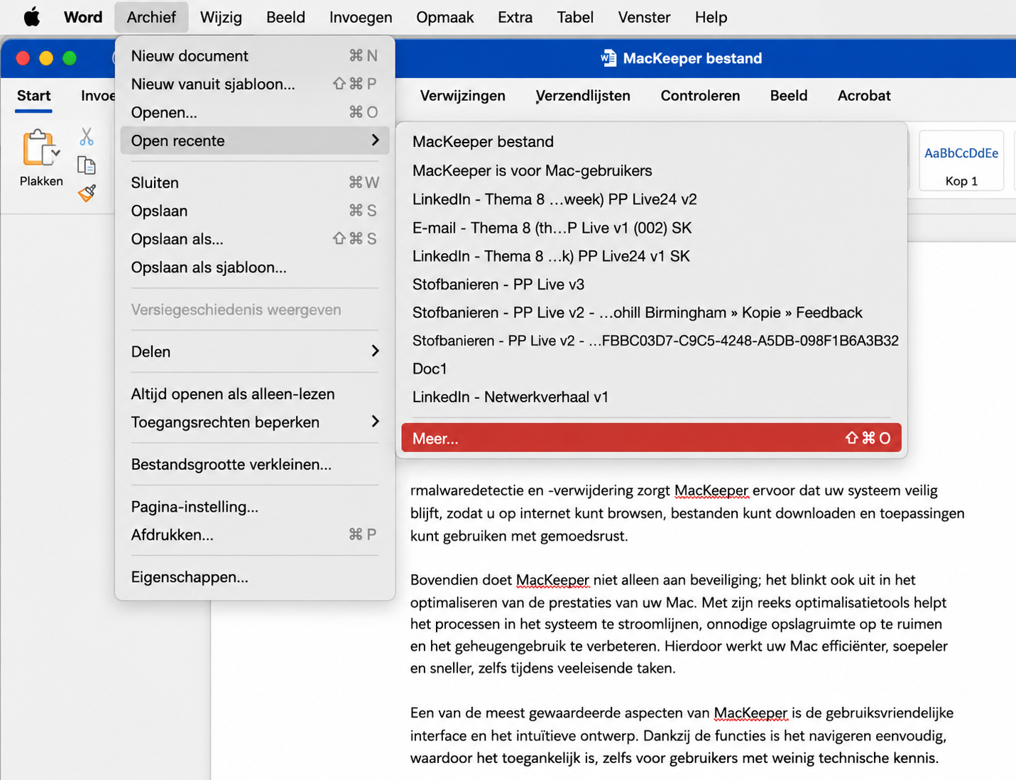 Open Word en selecteer Bestand > Recent openen > Meer in de bovenste menubalk. Dit toont bestanden die u onlangs hebt geopend.
