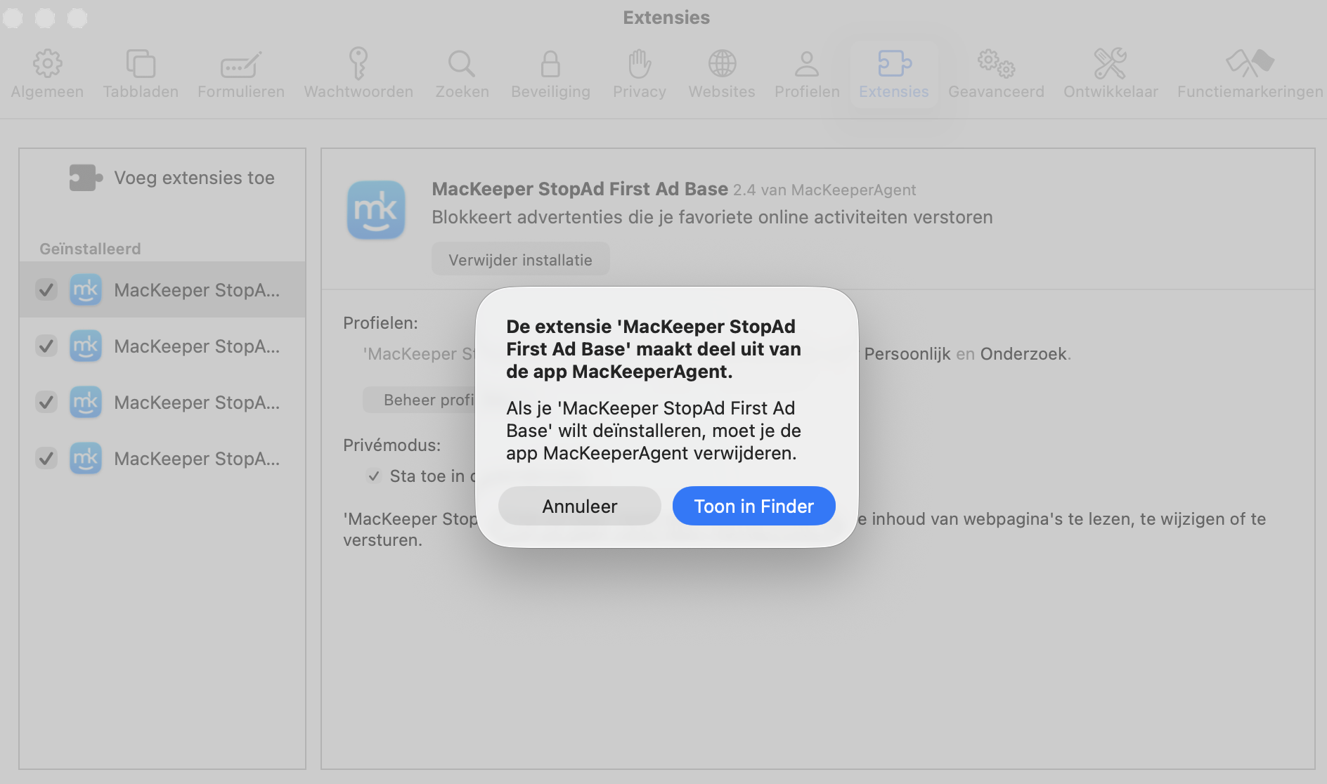Als je Mac tijdens het verwijderen van extensies een pop-up toont, kies dan de optie ‘Toon in Finder’.