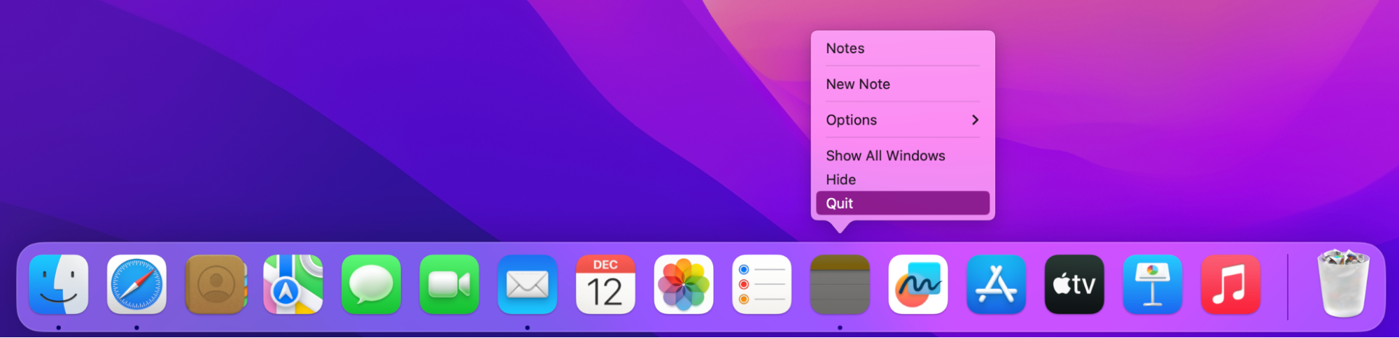 to close other applications, to improve the stability of the Photoshop app, head to your dock and look under all the app icons that have a dot. This dot means they're open. Right-click on the un need app icons and select Quit to close. 