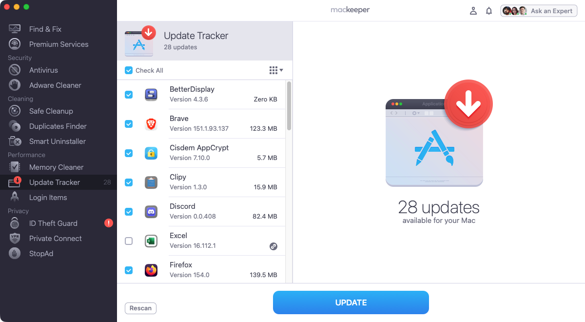 When Update Tracker has finished scanning your Mac, check the results, select what you want to update, then click the ‘Update’ button.