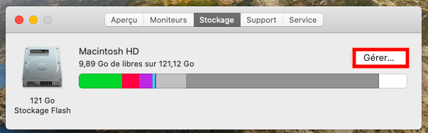 Vous verrez alors ce qui prend de l'espace sur le disque, cliquez maintenant sur Gérer.