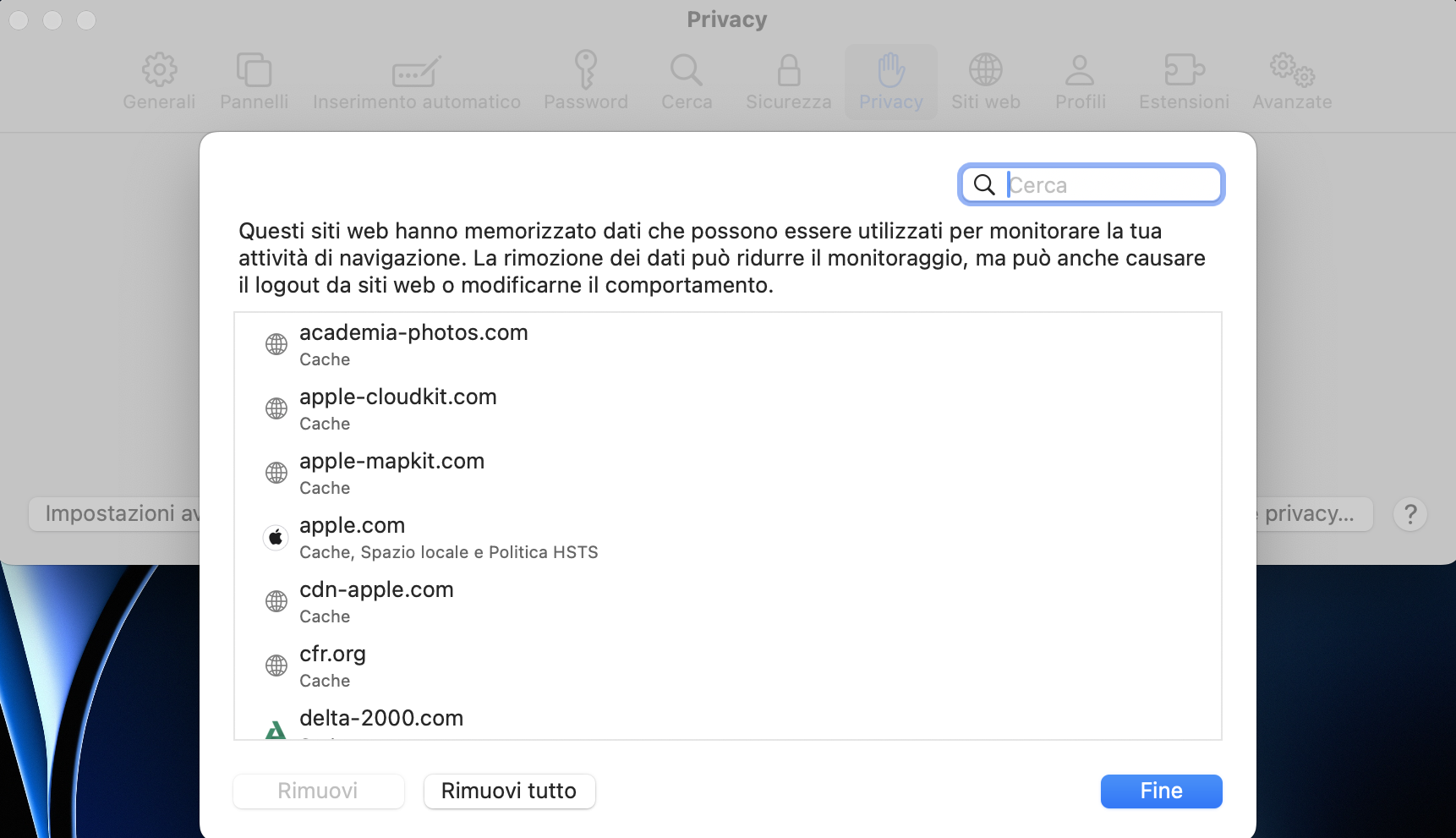 Safari su Mac mostra tutti i dati dei siti web. Fate clic sul pulsante Rimuovi tutto, quindi su Rimuovi ora per rimuovere tutti i file di cache.