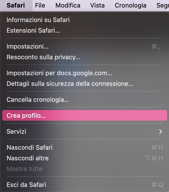 Il menu Safari su Mac mostra un elenco di opzioni. Fai clic su Crea profilo per impostare un nuovo profilo utente.