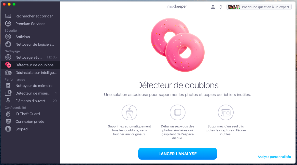 Pour localiser et supprimer les doublons sur Mac, lancez MacKeeper, sélectionnez Détecteur de doublons, puis cliquez sur Lancer l'analyse.