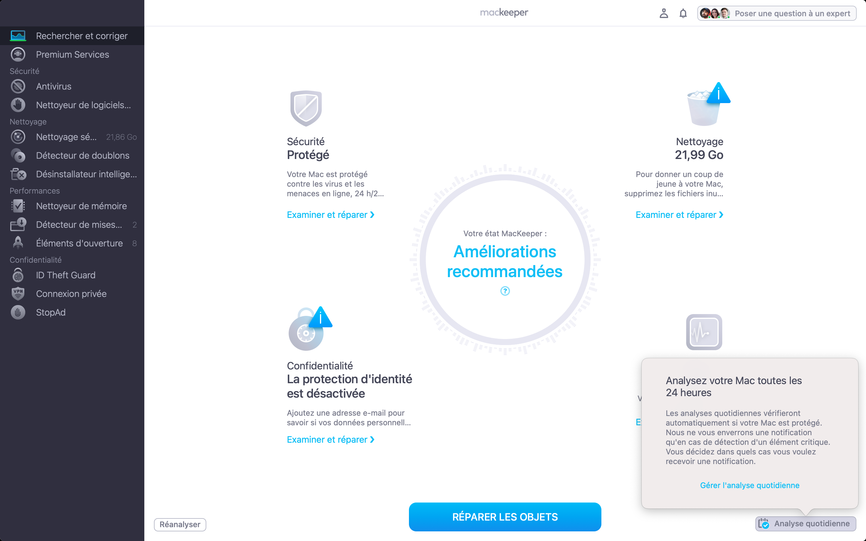 Pour que votre Mac reste performant, activez l'option Analyse quotidienne. L'application vérifiera votre appareil toutes les 24 heures.