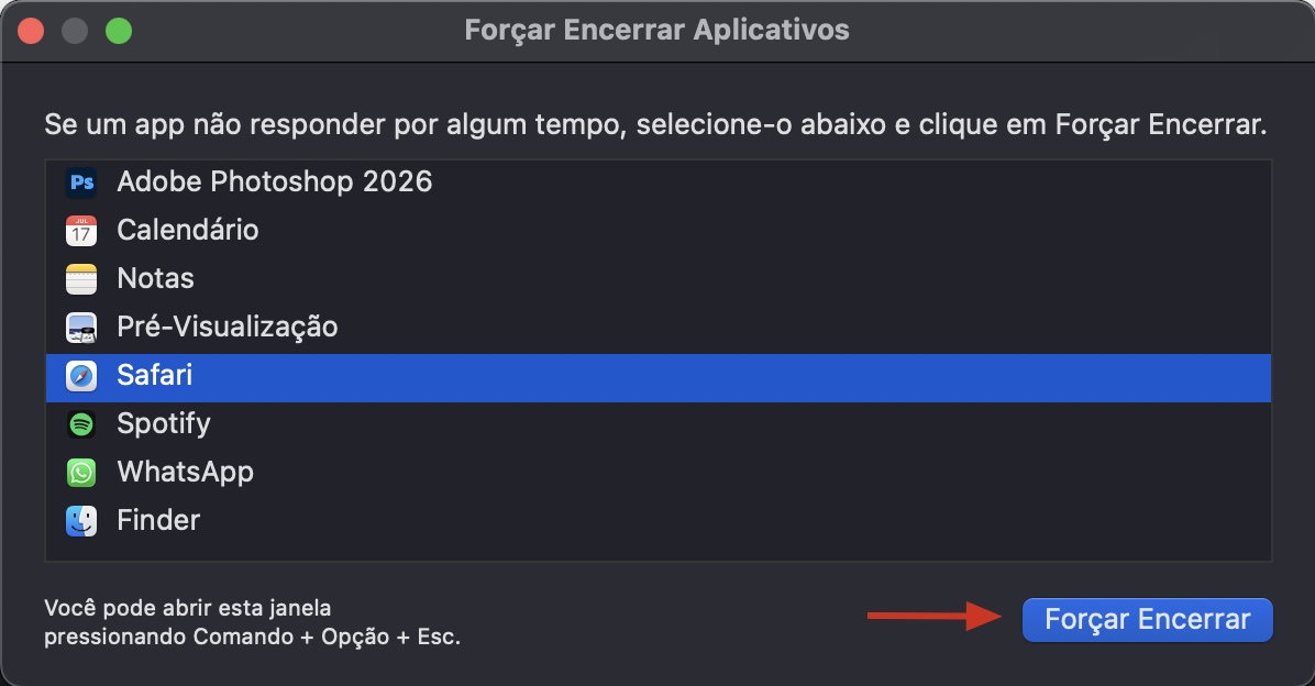 A janela Forçar Encerrar Aplicativos no macOS exibindo uma lista de todos os aplicativos em execução. Para forçar o encerramento do Safari, primeiro selecione-o e, em seguida, clique no botão Forçar Encerrar.