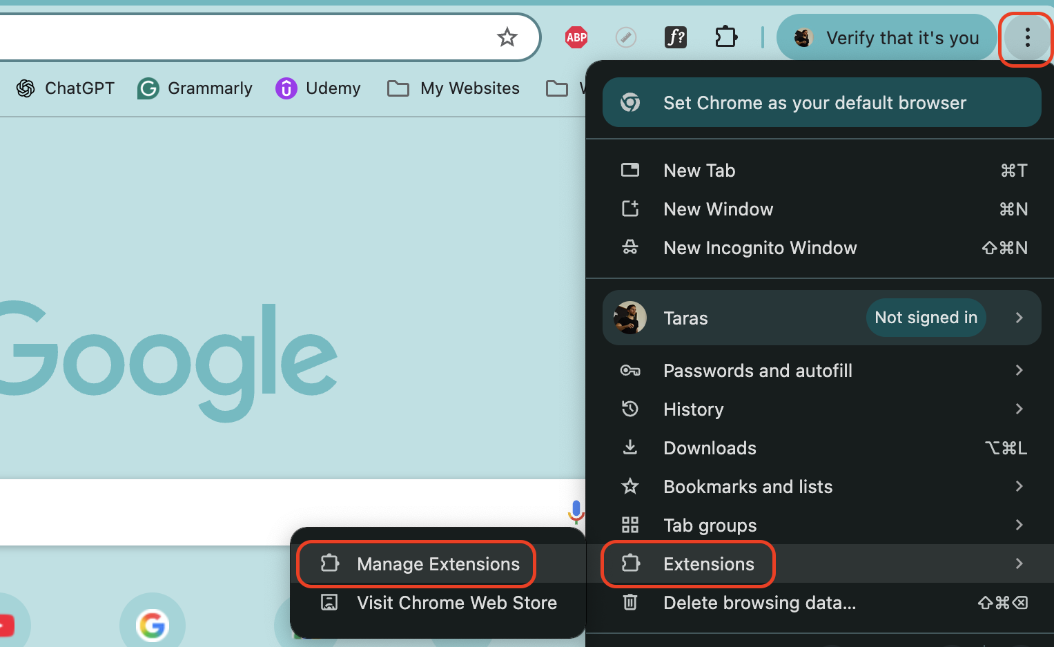 Open Chrome, click the three-dot More menu in the top right, go to Extensions, and select Manage Extensions to view installed add-ons.