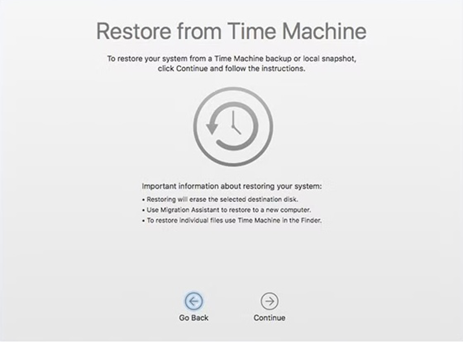 To restore your Mac from a previous backup using the Time Machine utility, select the date you want to restore to and follow the instructions.