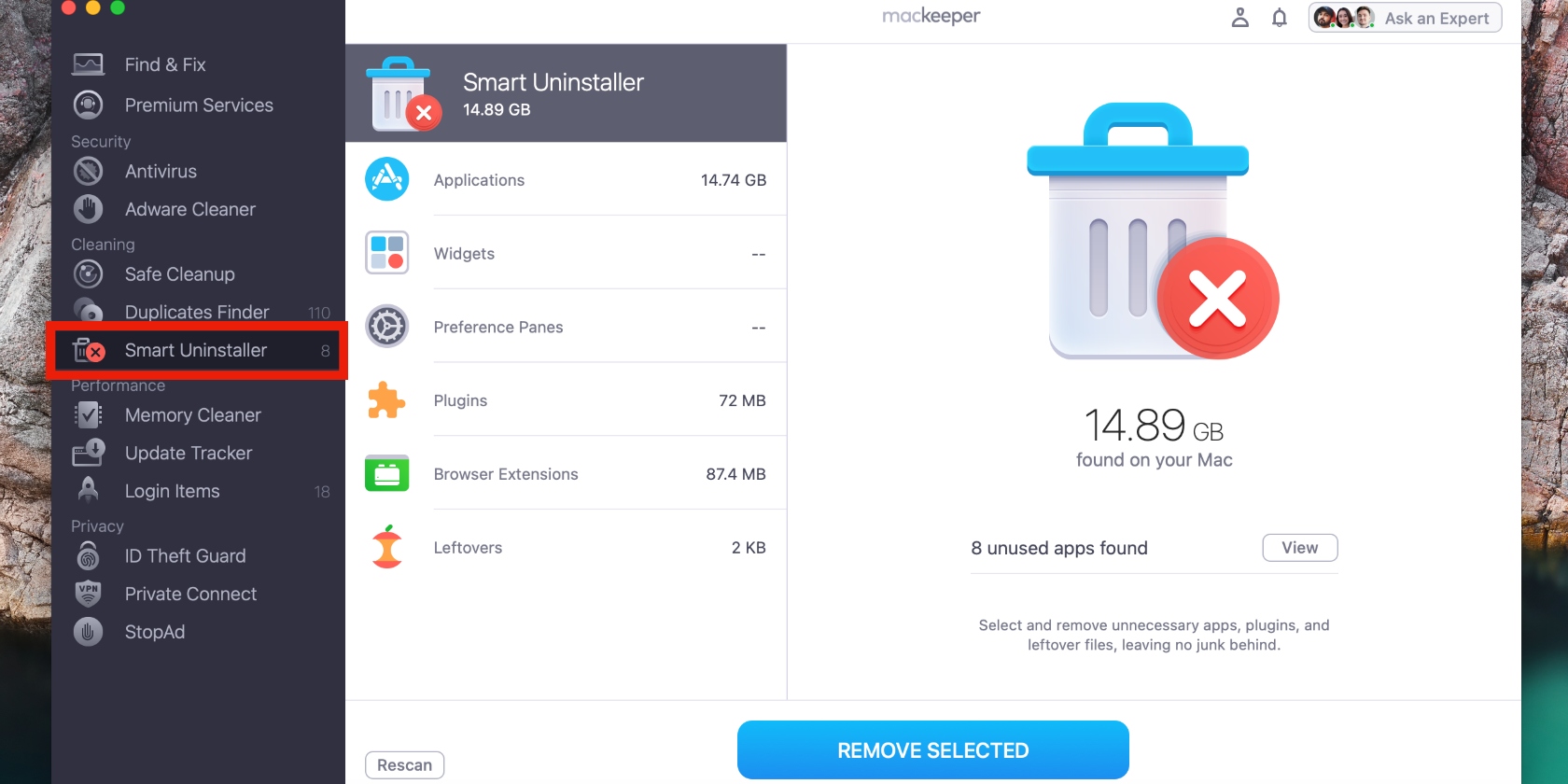 Per eliminare i file dei sistemi operativi precedenti, usa la Disinstallazione di MacKeeper. Apri l’app, vai su Disinstallazione e clicca su Rimuovi selezionati. Attendi mentre MacKeeper elimina le vecchie app.