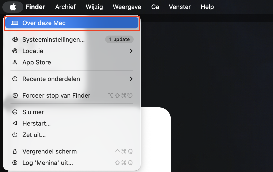 Om je downloads automatisch te legen op je Mac, klik je op het Apple-logo linksboven in je scherm en kies je Over deze Mac in het uitklapmenu.