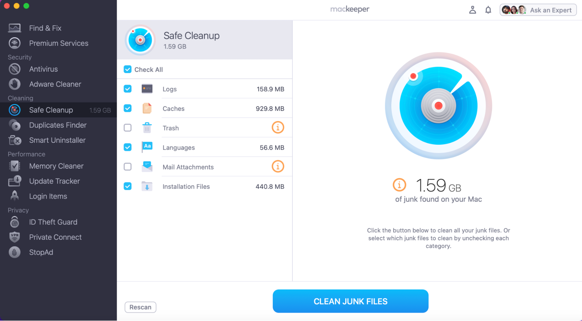 After MacKeeper has scanned your device, you'll be able to see a list of all the digital junk that is eating away at your disk and RAM space. Now you can highlight everything you want to remove and click Clean Junk Files and Confirm to rid your device of digital clutter.