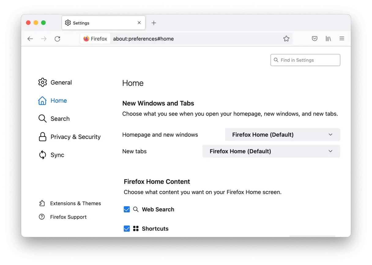 Home settings are open in Firefox. Click the drop-down arrow next to Homepage and new windows, and select Firefox Home to remove accessible search.