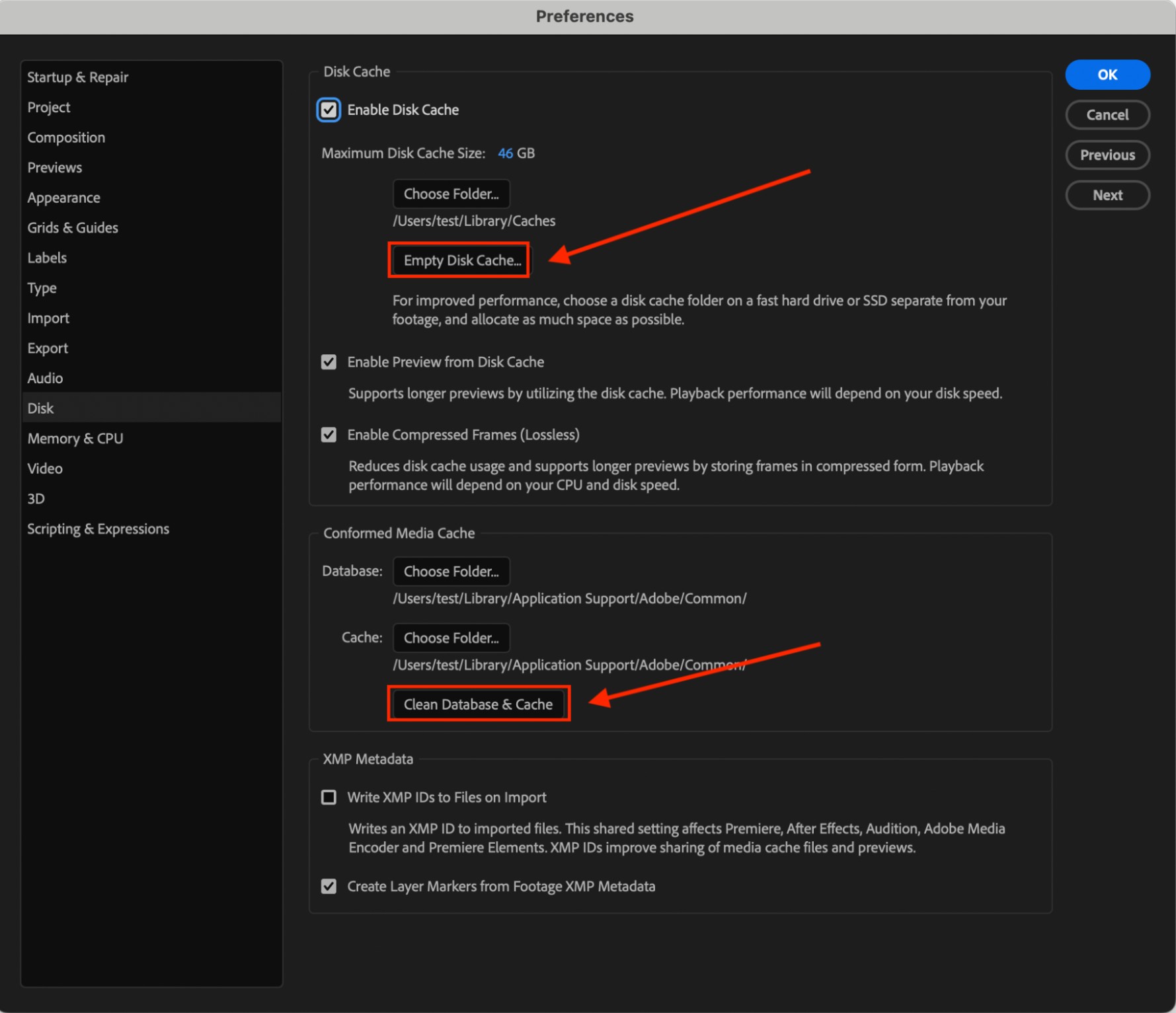 Adobe After Effects Preferences window on Apple computer showing Empty Disk Cache and Clean Database & Cache buttons to clear After Effects cache. To confirm the action, you should click OK.