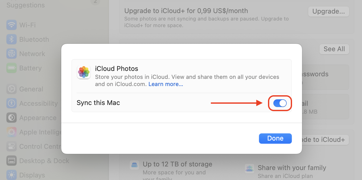 Enable the Sync this Mac option to start syncing your iCloud Photos library directly to your Mac device.