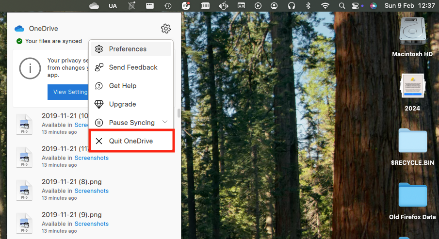 To remove OneDrive, you'll need to quit out of the app too. To do so, first select the OneDrive icon in your menu bar, then click 'Quit OneDrive'.