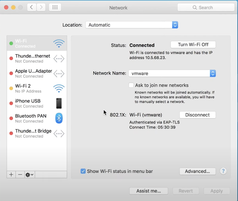 The Network section inside the System Preferences app on Mac. Here, you can check your network connection when macOS Monterey cannot be installed on Macintosh HD.