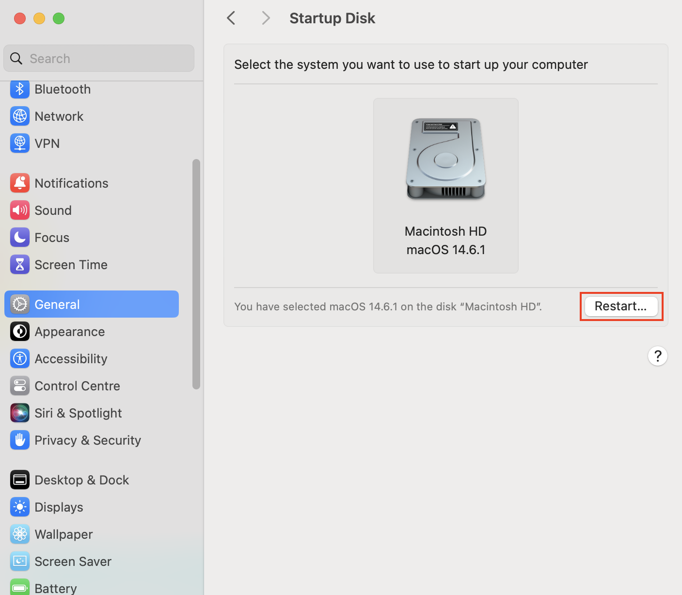 Click Restart under Startup Disk in System Settings on your Mac. Click Restart under Startup Disk in System Settings on your Mac.