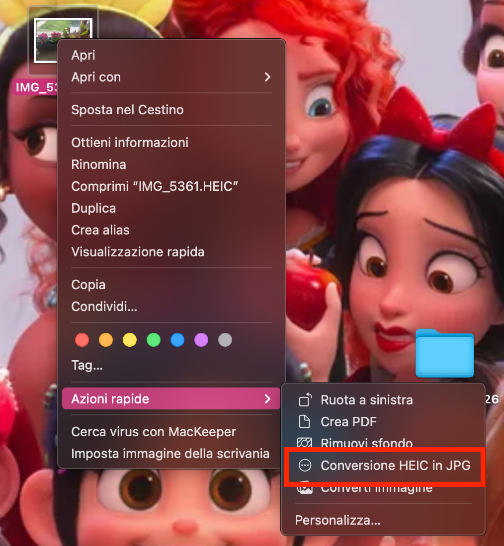 Una volta creato il nuovo comando, vai nel Finder. Seleziona Servizi e scegli Conversione HEIC in JPG. Il tuo file si convertirà automaticamente.