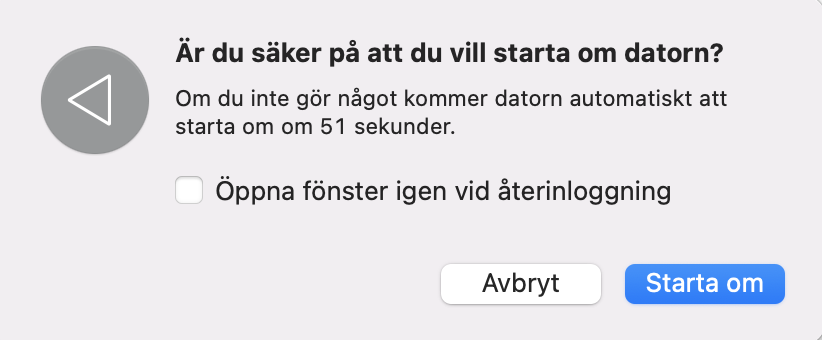 När du har valt Starta om, se till att avmarkera Öppna fönster igen. Denna åtgärd säkerställer att frysta appar avslutas och startas om för att hjälpa till att åtgärda en fryst skärm eller trög bärbar dator.