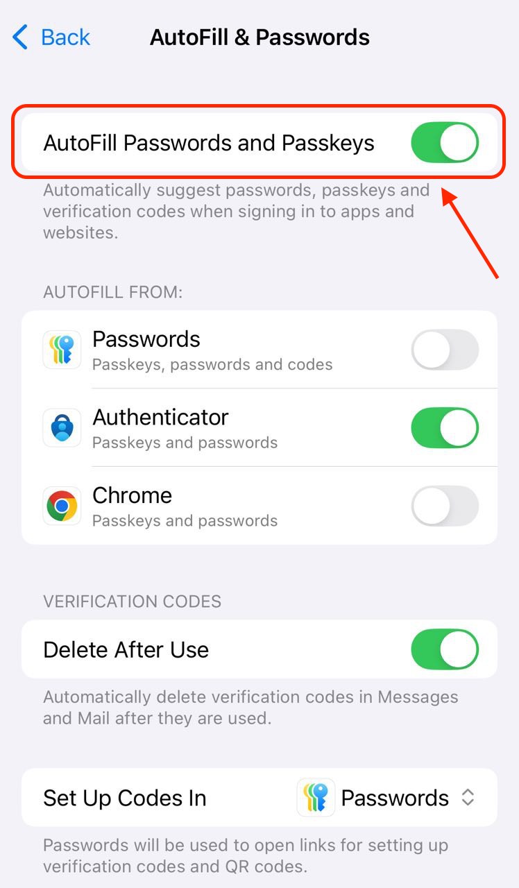 On your iPhone, enable AutoFill Passwords by going to System Settings > Passwords to automatically fill in saved credentials for apps and websites.