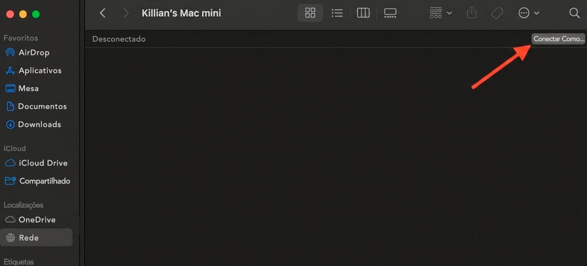 Finder no Mac mostrando uma conexão com outro dispositivo. Para usar o compartilhamento de arquivos via Bluetooth para copiar arquivos de um Mac para outro, clique em Connect As e inicie sessão no seu Mac antigo.