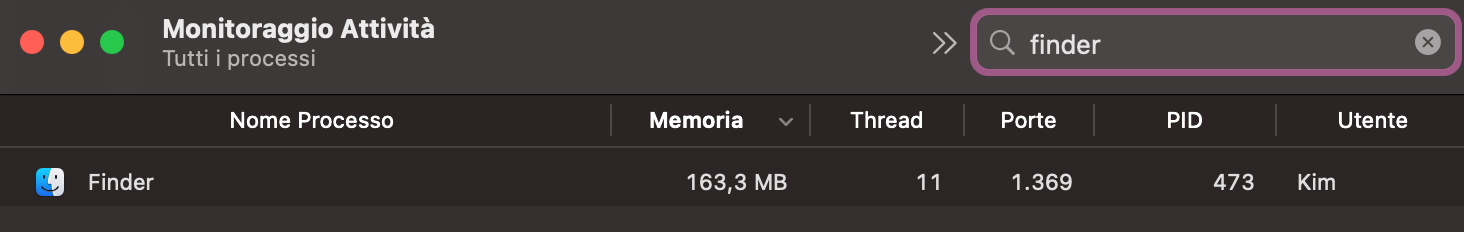 Quando apri Activity Monitor, vai alla barra di ricerca dell’app e digita Finder. Il programma dovrebbe comparire nuovamente tra i primi risultati.