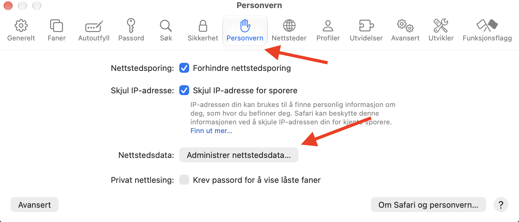 Safari-innstillinger på Mac viser Personvern-delen. Klikk på Administrer nettstedsdata for å tømme alle bufferfiler i nettleseren.