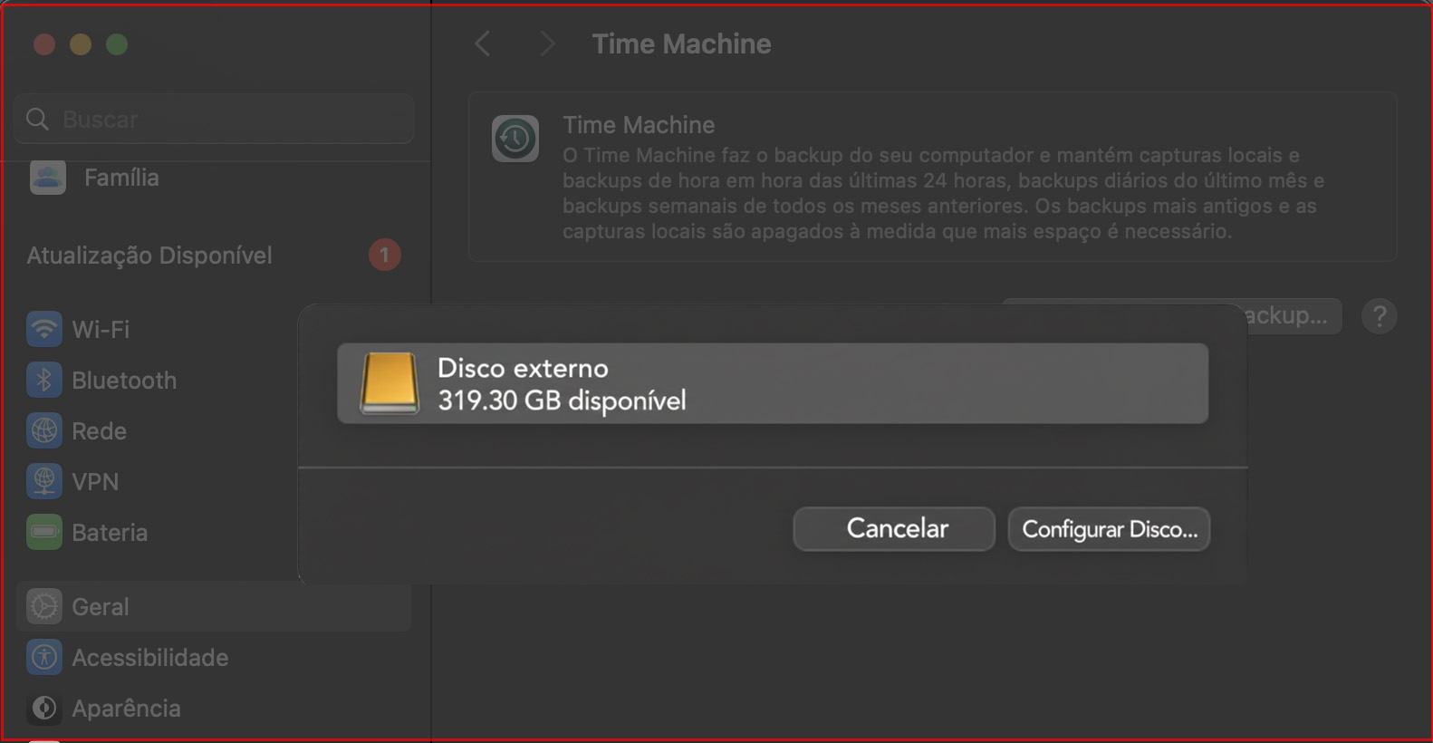 Você precisará ter um disco externo conectado ao seu Mac para usar o Time Machine, formatado em um formato compatível com o macOS. Selecione-o aqui.