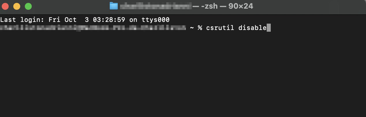 O Terminal no Mac exibindo o comando csrutil disable. Digite este comando e pressione Enter para desativar a Proteção de Integridade do Sistema (SIP).