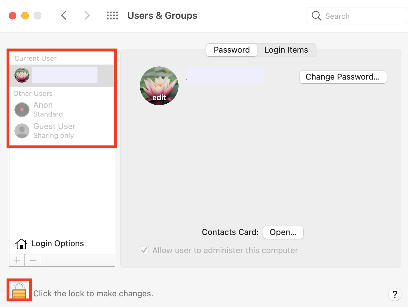 System Preferences is opened on a Mac. Open Users & Groups and search users to make sure there are no old user profiles on the Mac