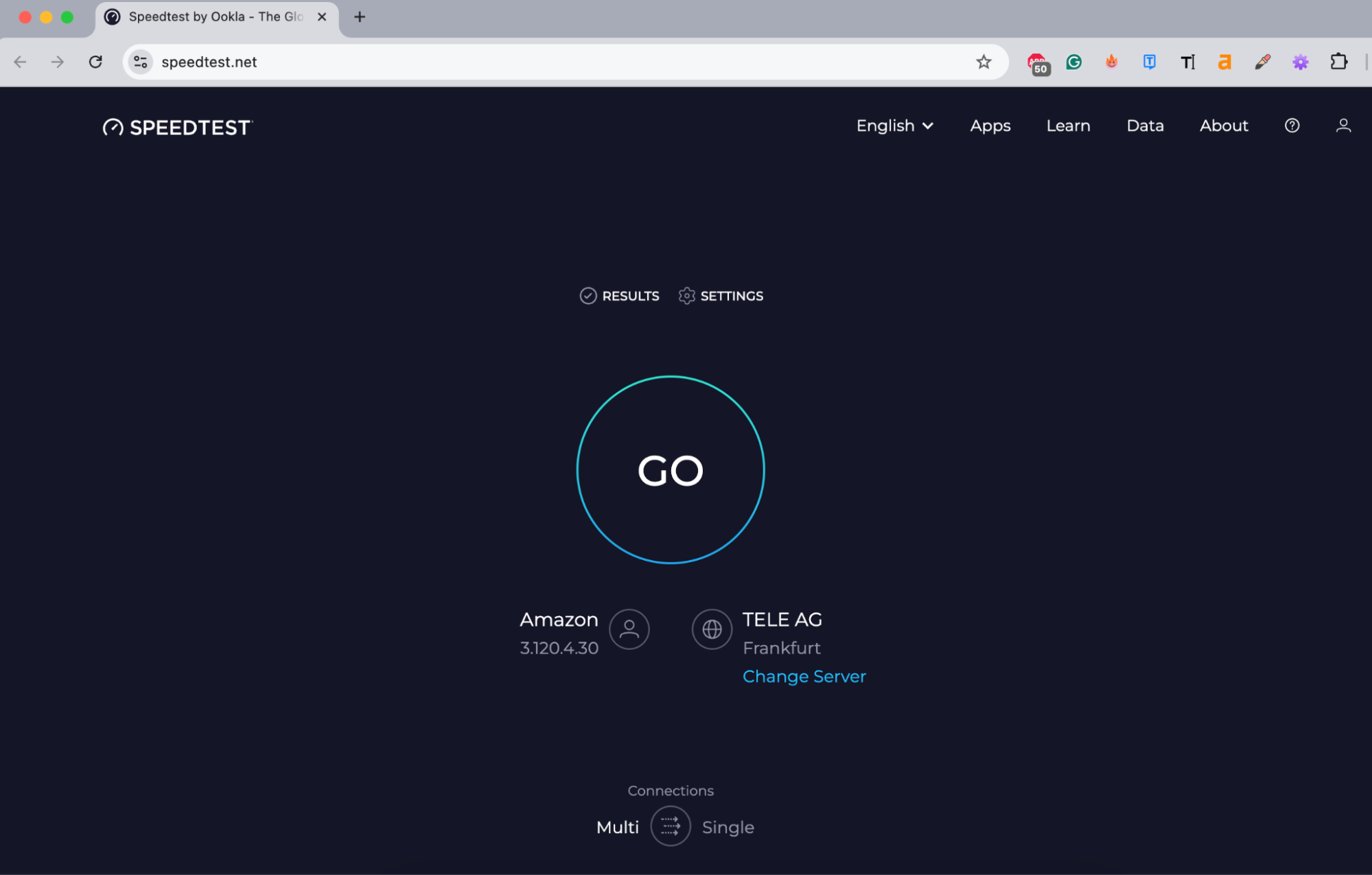 The speedtest.net website in a browser on Mac. If you find macOS Monterey cannot be installed on Macintosh HD, go to the Speedtest website to check your internet connection.