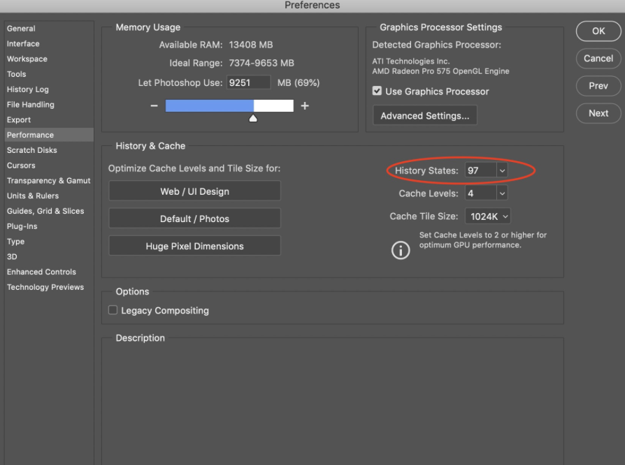 In the Performance tab. look for the History & Cache section. To the right, you'll see a drop down arrow next to History States. If this is high, lower it to help improve photoshop usability and optimize your MacBook device. 