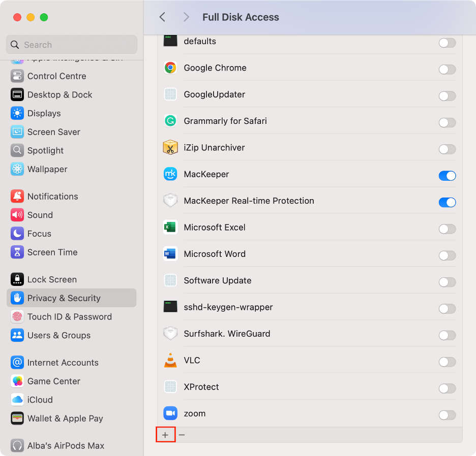 To enable full disk access on your device, click the + icon at the bottom.