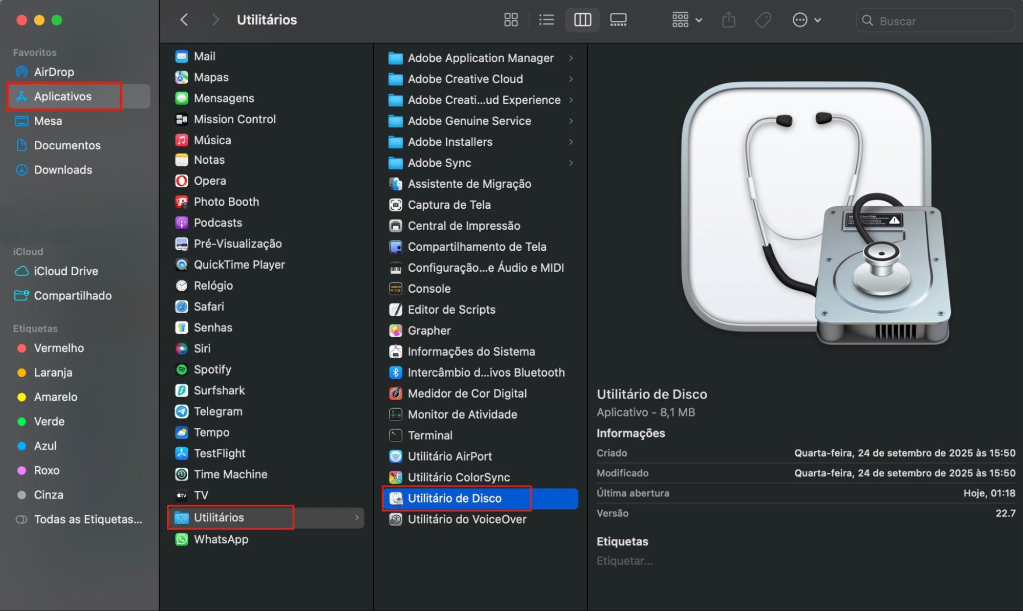 Para proteger pastas com senha com o Utilitário de Disco no Mac, primeiro abra o Utilitário de Disco em Aplicativos > Utilitários.