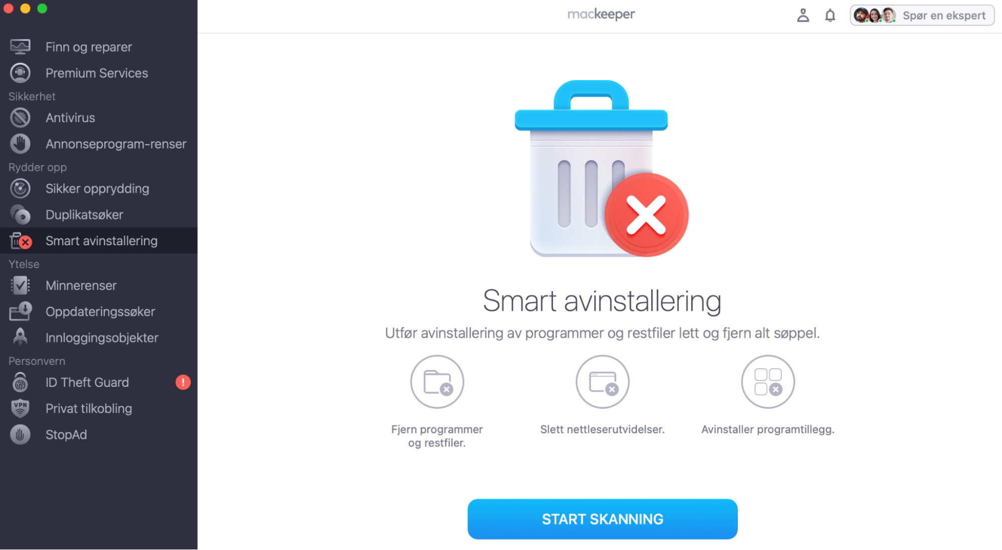 Hvis du vil slette filer i Annet automatisk, anbefaler vi MacKeeper-appen. Alt du trenger å gjøre, etter å ha lastet ned og installert appen, er å velge Smart avinstallering-funksjonen og trykke Start skanning.