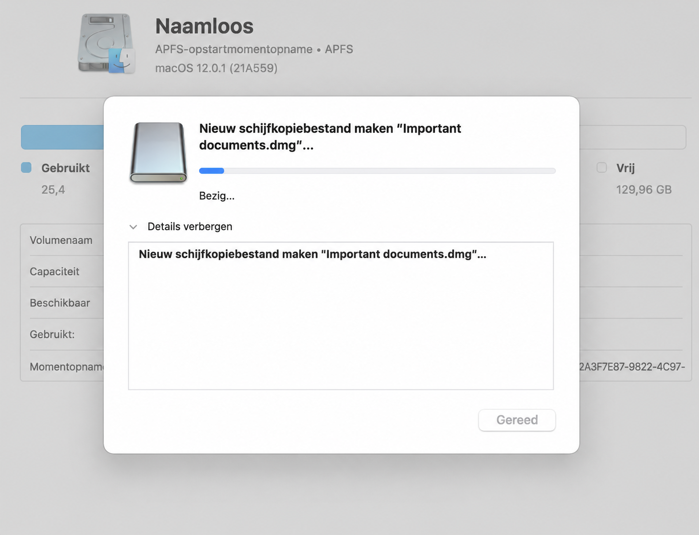 Nu kun je het proces van het aanmaken van een schijfkopie in het Schijfhulpprogramma van macOS volgen. Wacht totdat dit is voltooid.  