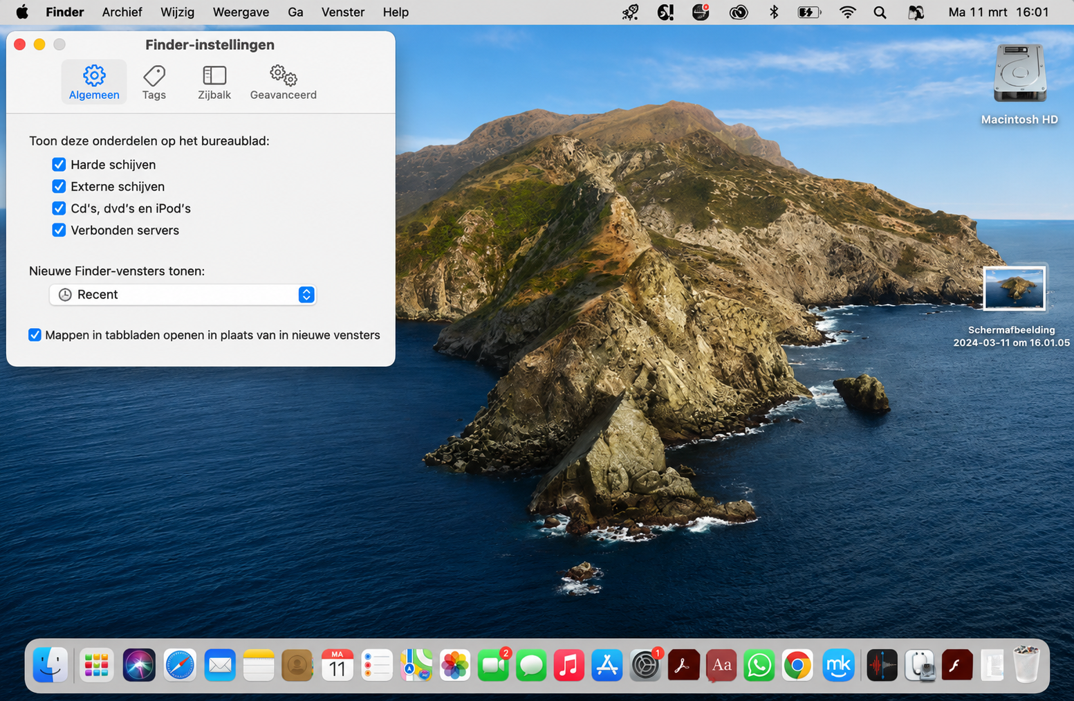 Om verborgen pictogrammen op het Mac-bureaublad te weergeven, vink je de vakjes aan naast de items die je op het bureaublad wilt zien of selecteer je alle items in de lijst — Externe schijven, Harde schijven, Cd's, dvd's en iPods en Verbonden servers. Controleer na het selecteren van de relevante items of de iconen zichtbaar zijn op het bureaublad.