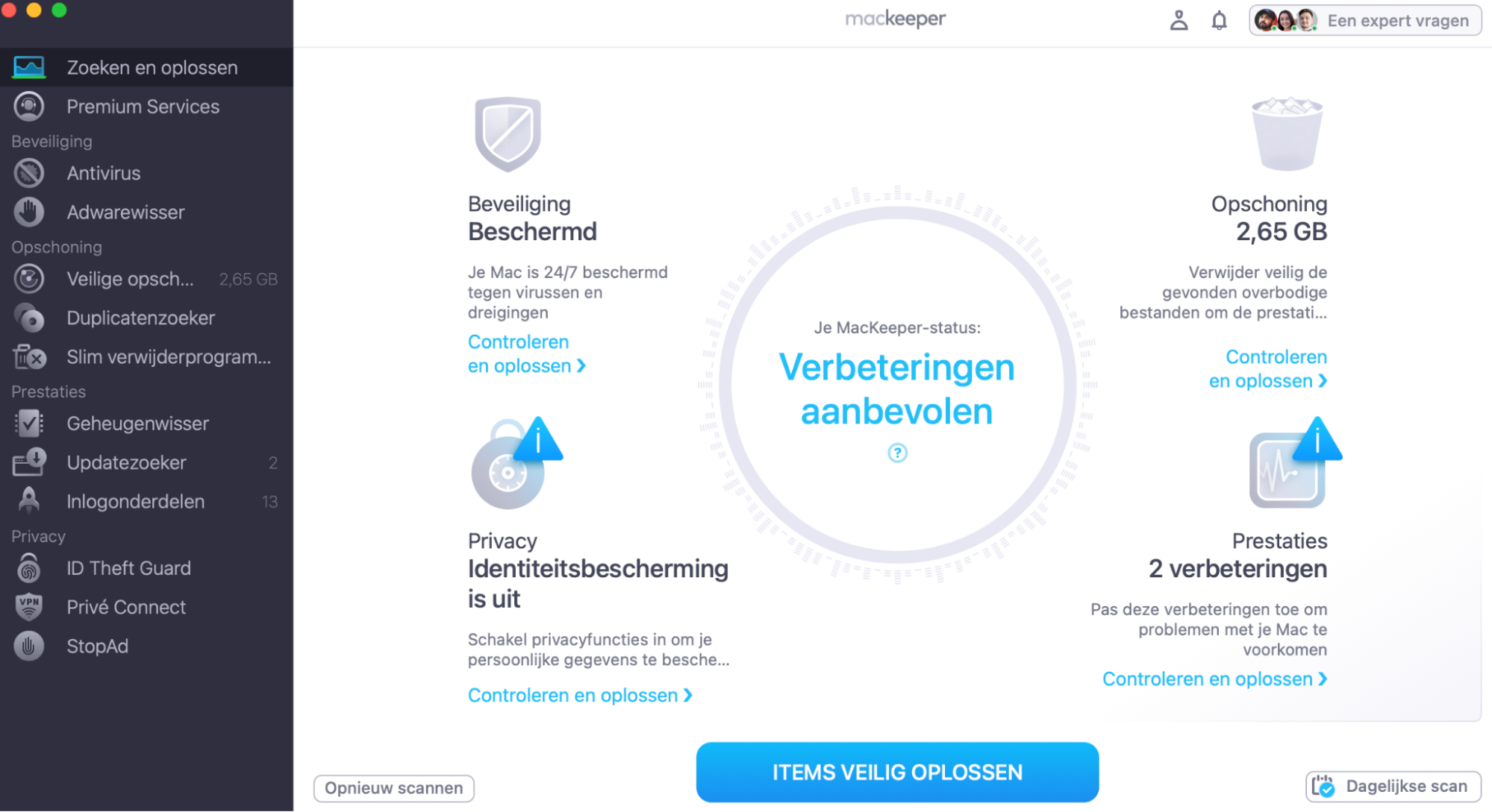 Wacht totdat de MacKeeper-app het scanproces heeft voltooid om de mogelijke oorzaak van de problemen met je harde schijf te identificeren. Los het probleem daarna op via de functie Items veilig oplossen.