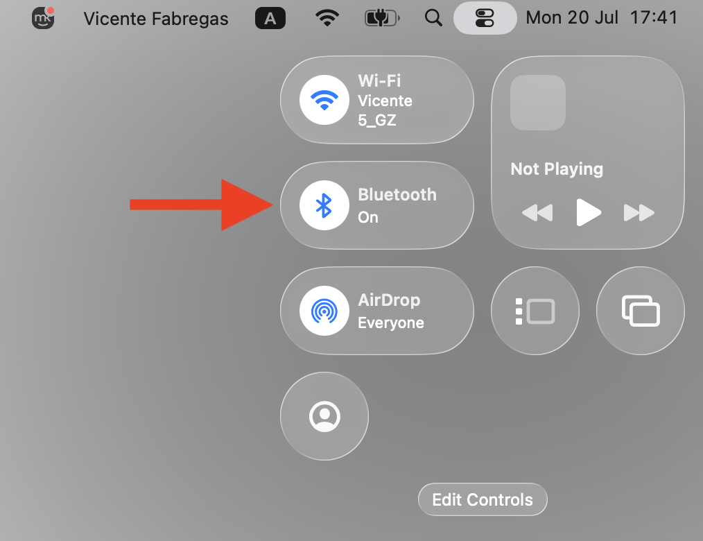 macOS Control Center menu on a MacBook with the Bluetooth icon selected to turn Bluetooth off and clear stuck bluetoothd CPU spikes.