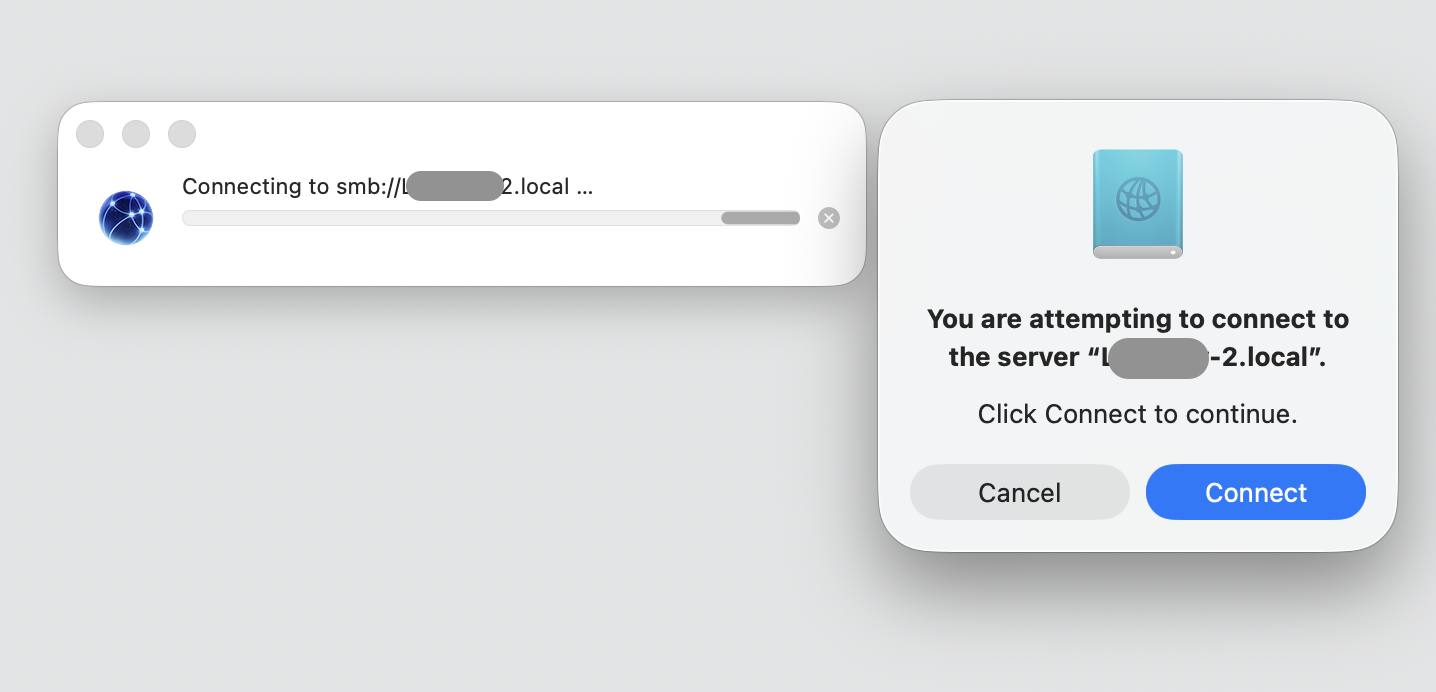 The Finder connection prompt on an Apple computer, where you click Connect to confirm and reach the shared Mac over the local network.