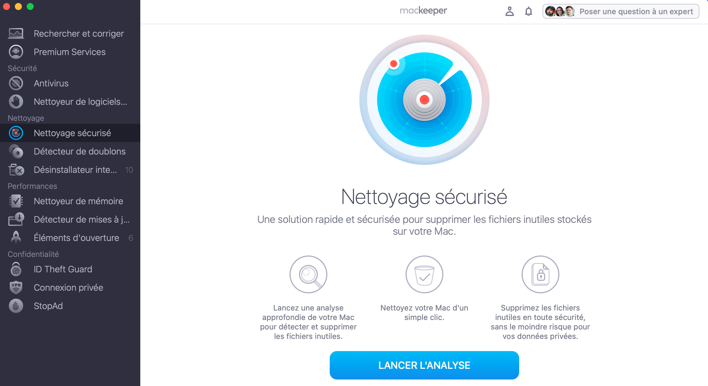 L'outil Nettoyage sécurisé de MacKeeper sur macOS Monterey. Cliquez sur Lancer l'analyse pour trouver tous les fichiers indésirables cachés dans le système de votre ordinateur.