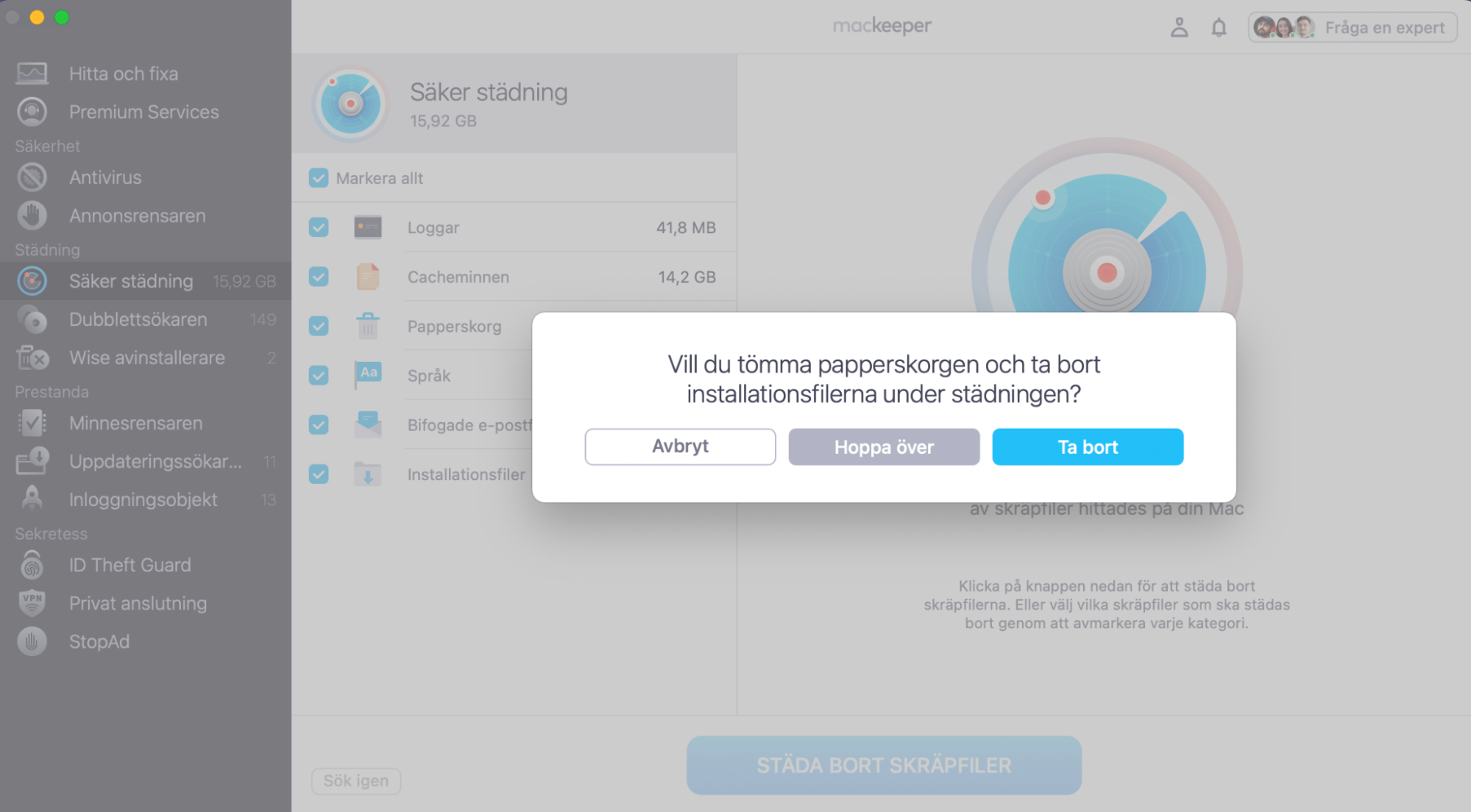 För att bekräfta borttagningen av skräpfilerna från din Mac klickar du antingen på 'Hoppa över' eller 'Ta bort' för att även tömma papperskorgen och ta bort installationsfiler eller hoppa över det. Kontrollera sedan om Safari är snabbare.