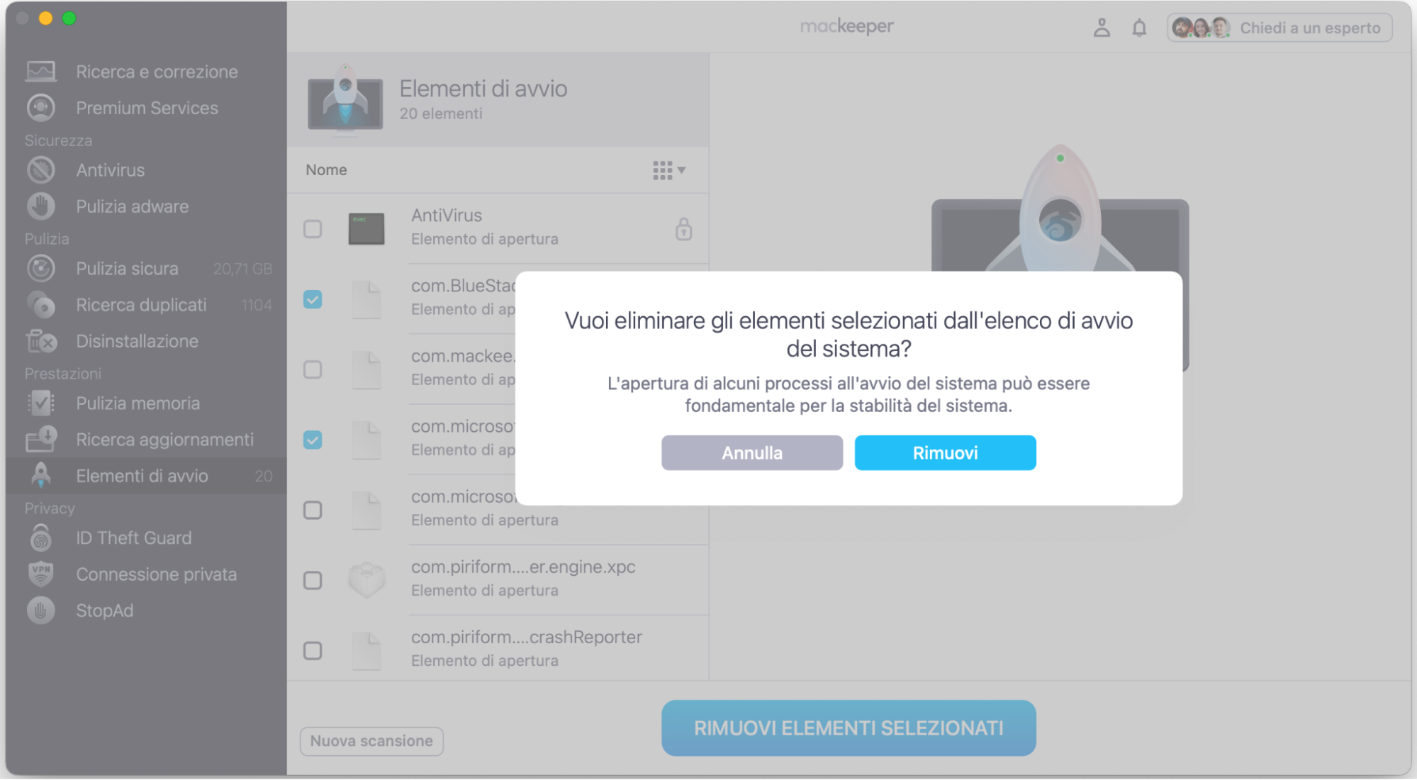 Dopo aver scelto di eliminare gli elementi di avvio, apparirà una finestra pop-up che ti chiederà di confermare l’operazione. Quando compare, fai clic su Rimuovi per completare il processo.