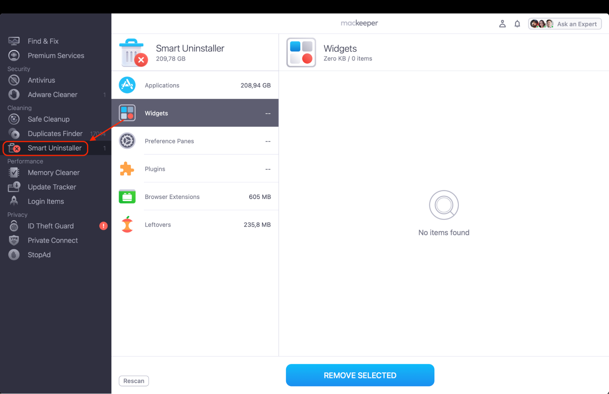 Launch MacKeeper and select Smart Uninstaller from the left-side menu to begin managing and removing unwanted apps or files.